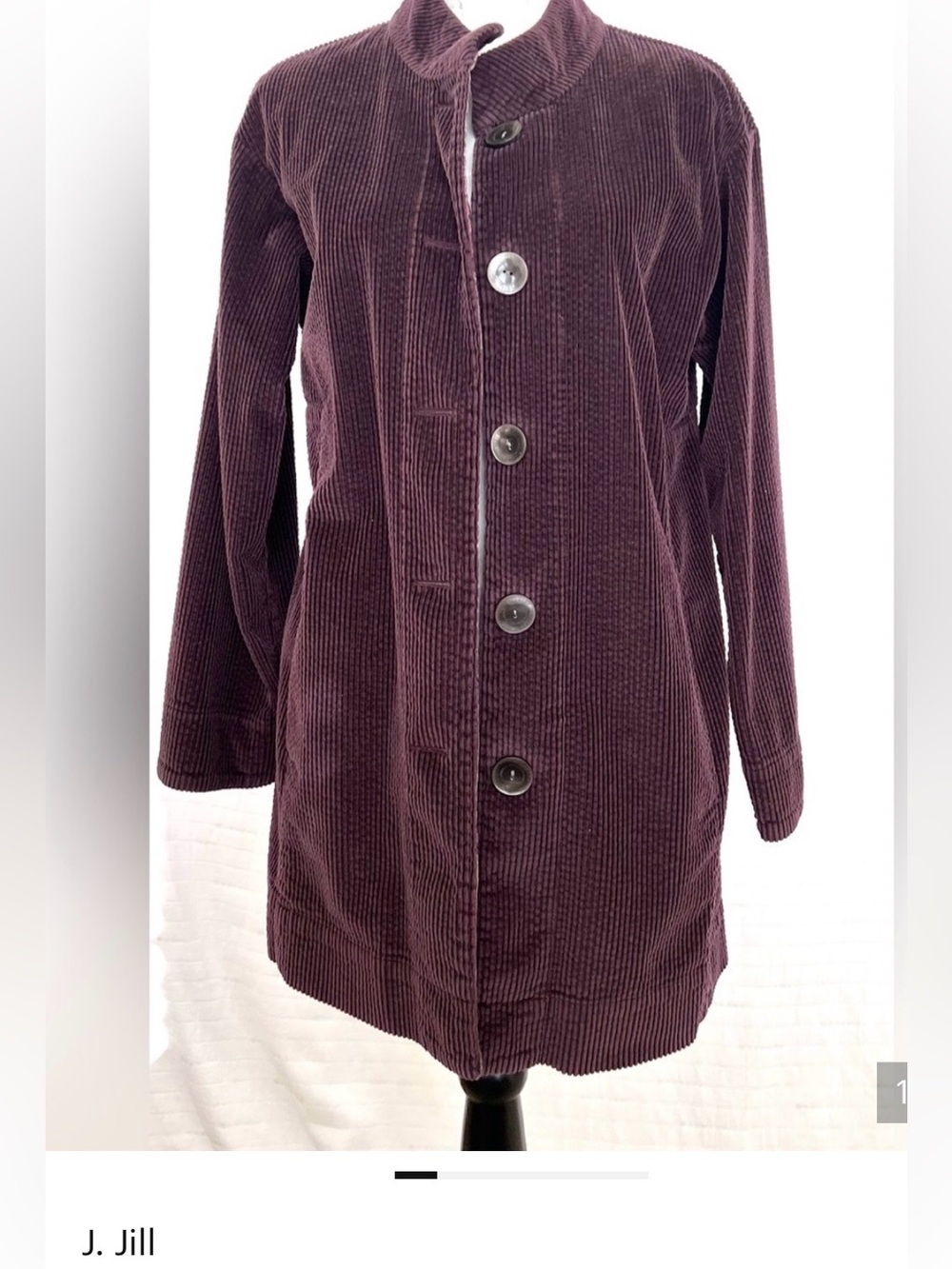 J. Jill Corduroy Coat w/Velvet Trim Plum Colored Sz M